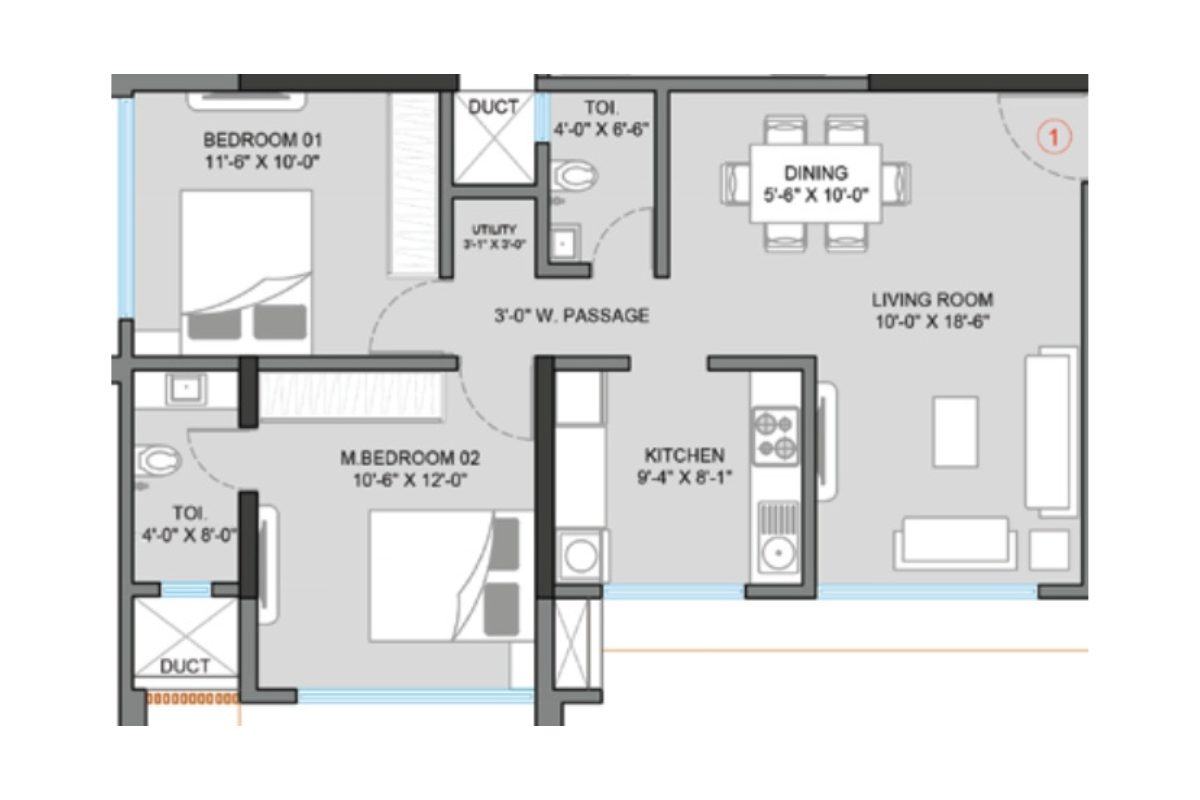 2 BHK | 686.0 | 3D Plan 2 BHK | 686.0 | 3D Plan