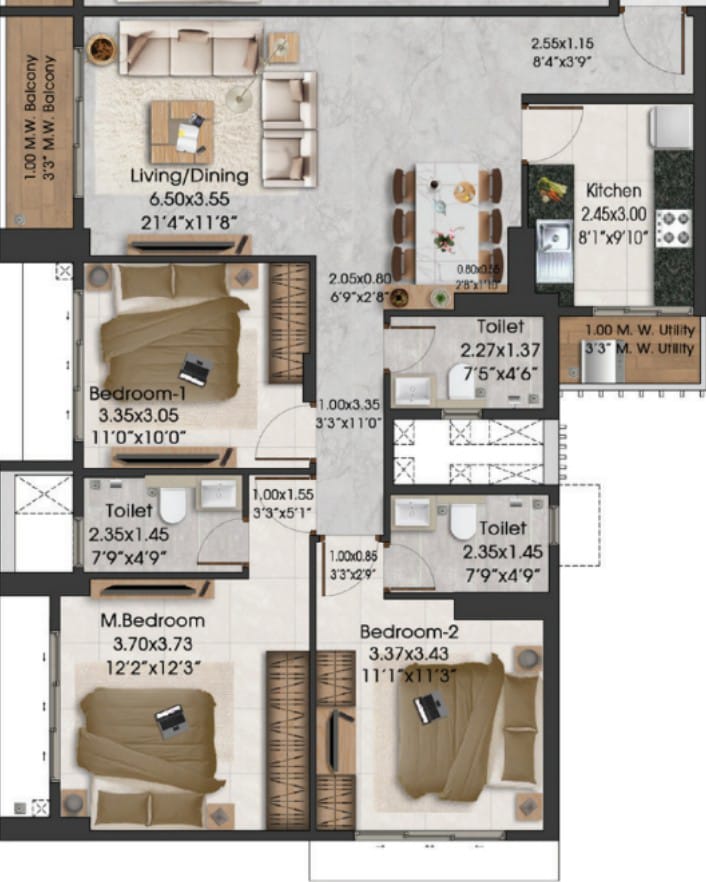 Adani Triumph || 3 BHK || Carpet Area 1040.0 sq.ft