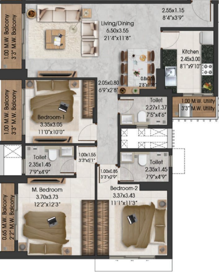 Adani Triumph || 3 BHK || Carpet Area 1000.0 sq.ft