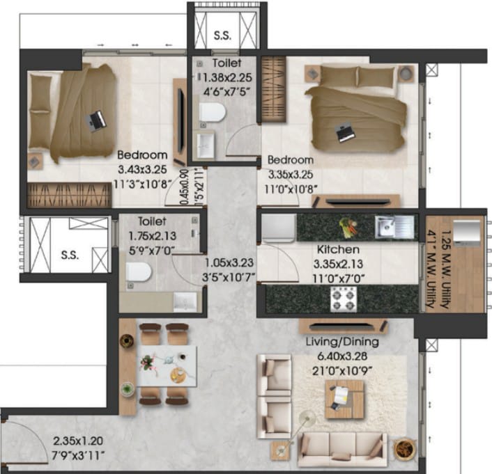 Adani Triumph || 2 BHK || Carpet Area 739.0 sq.ft