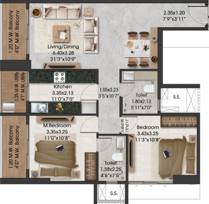 Adani Triumph || 2 BHK || Carpet Area 826.0 sq.ft