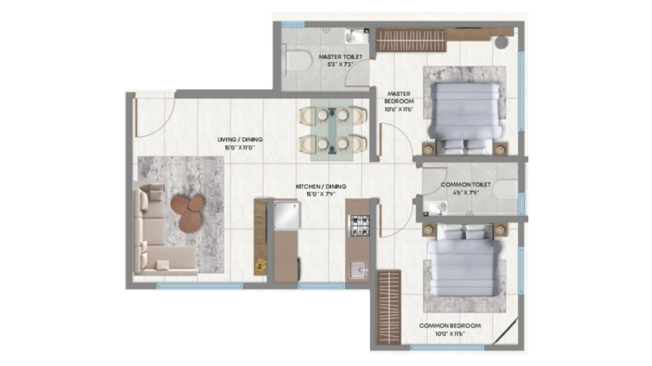 Crescent | Sliver Woods || 2 BHK || Carpet Area 644.0 sq.ft