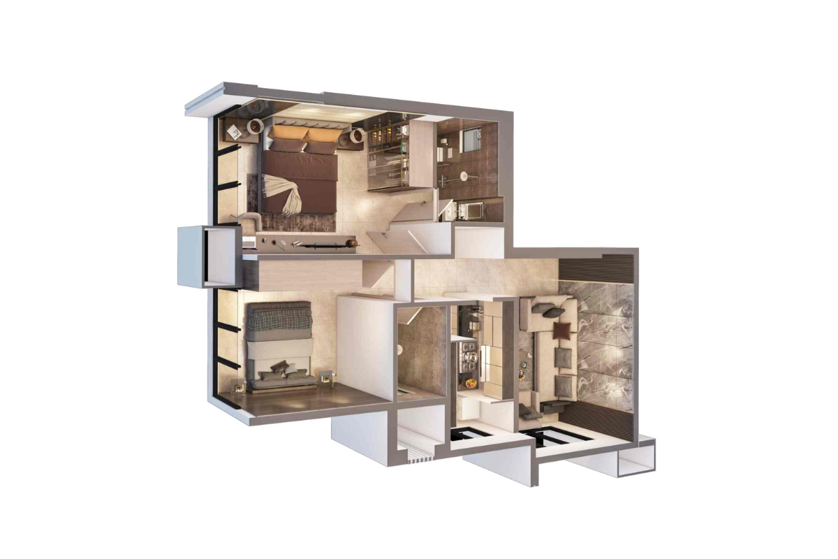 2 BHK | 624.0 | 3D Plan 2 BHK | 624.0 | 3D Plan