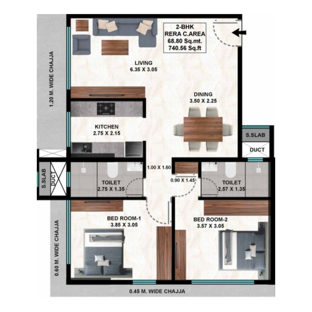 Green Origin || 2 BHK || Carpet Area 737.0 sq.ft