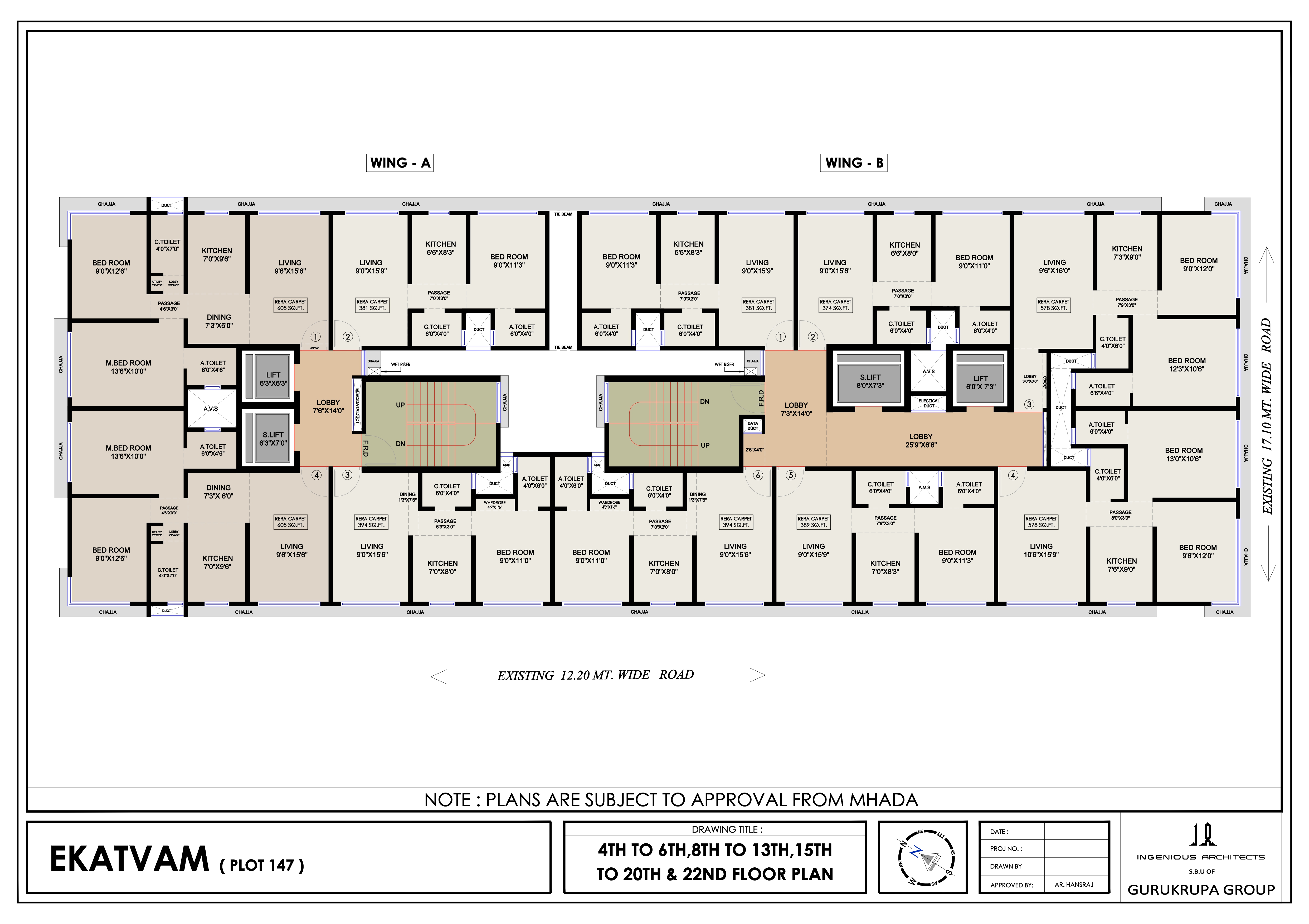 4th to 6th, 8th to 13th,15th to 20th & 22th Floor Plan