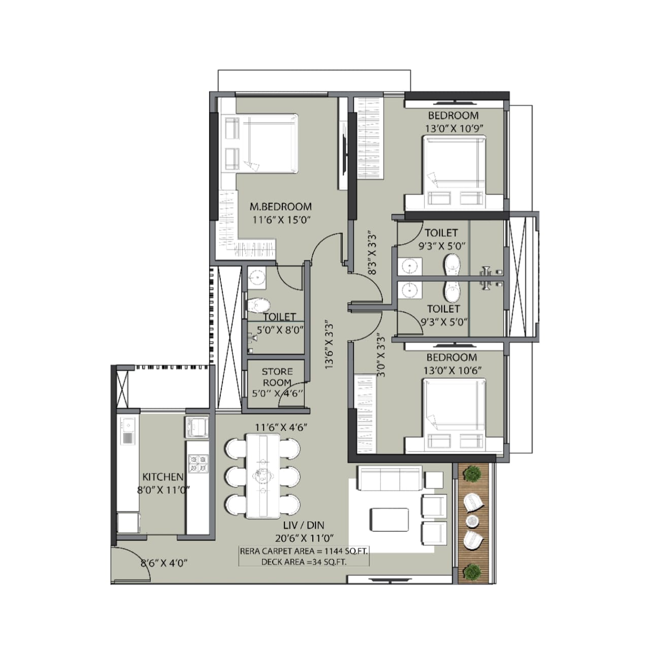 JADE GARDEN || 3 BHK || Carpet Area 1144.0 sq.ft