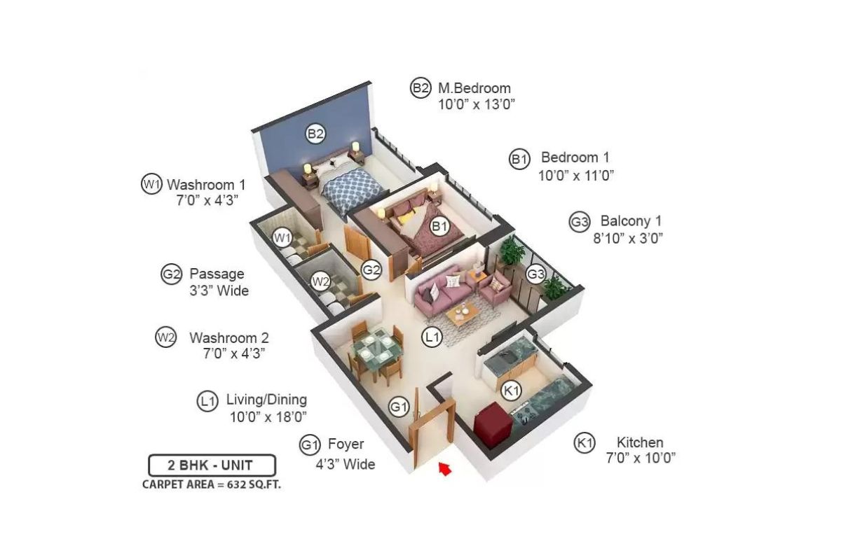 2 BHK | 632.0 | 3D Plan