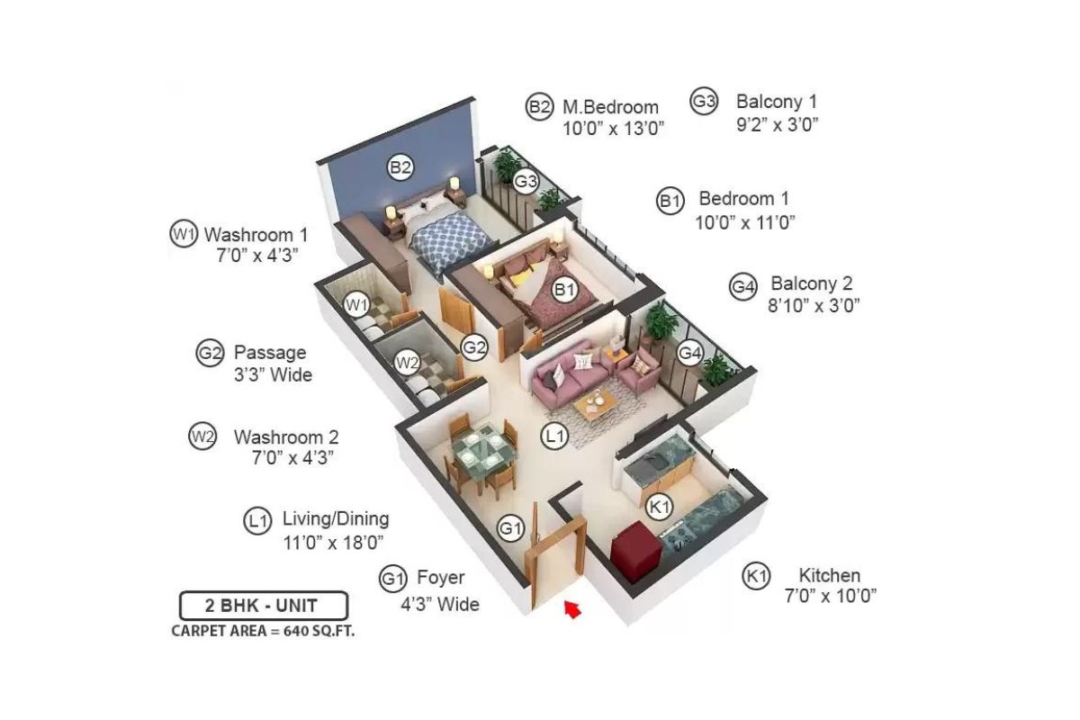 2 BHK | 640.0 | 3D Plan