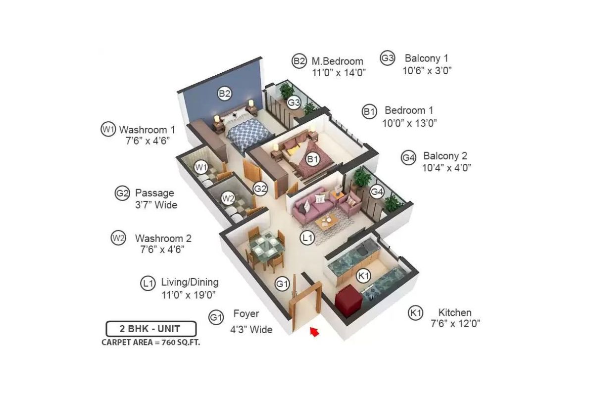 2 BHK | 760.0 | 3D Plan