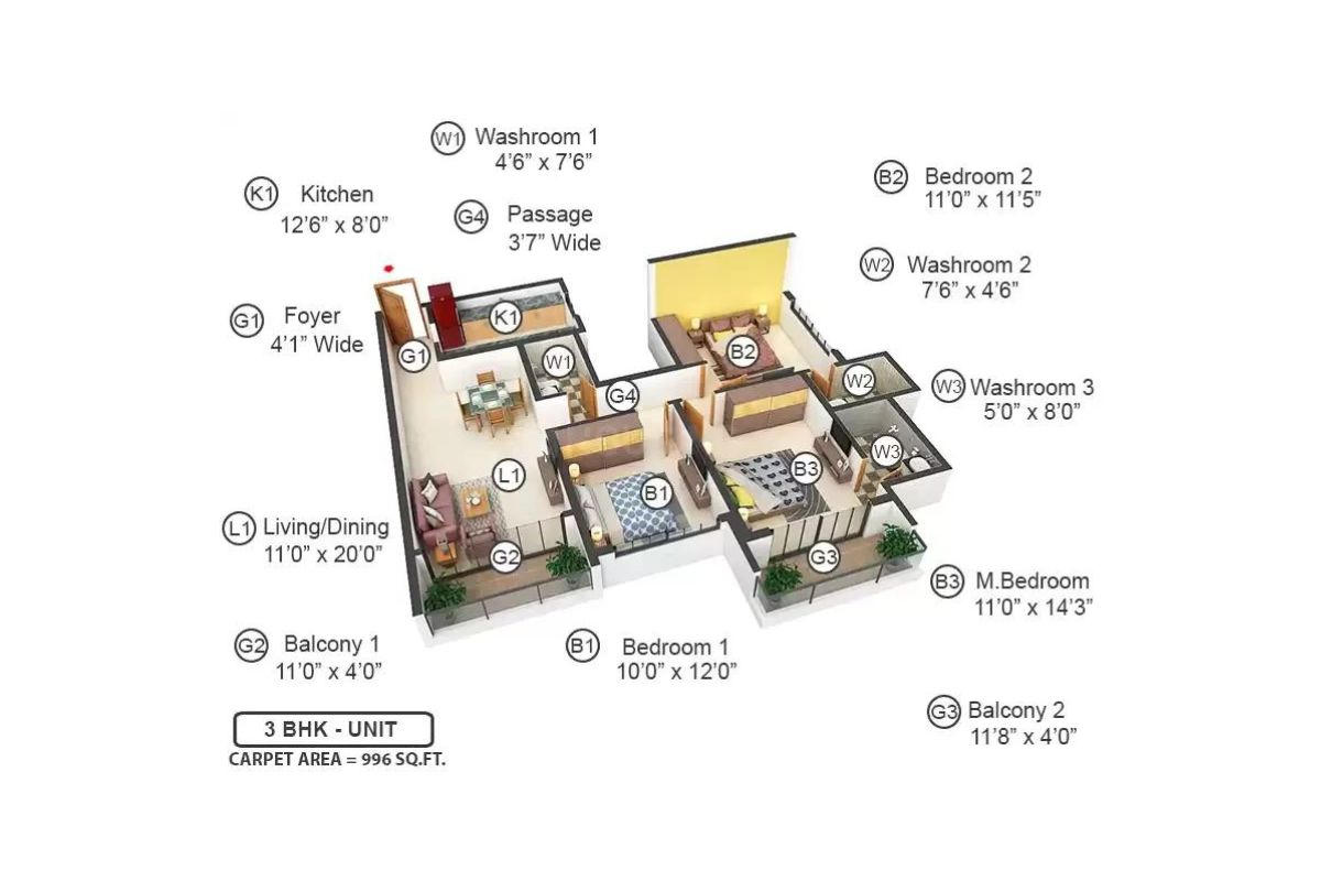 3 BHK | 996.0 | 3D Plan