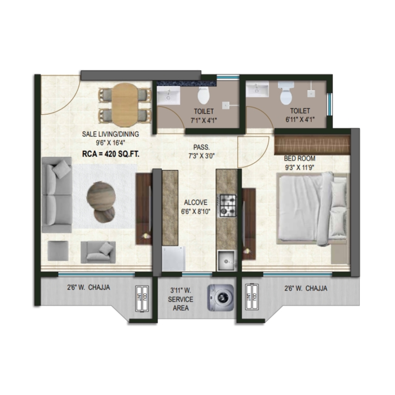 Satre Happynest || 1 BHK || Carpet Area 420.0 sq.ft