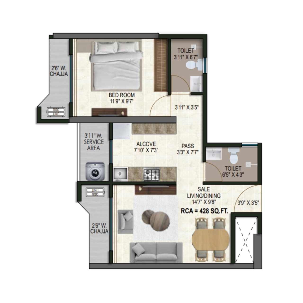 Satre Happynest || 1 BHK || Carpet Area 428.0 sq.ft